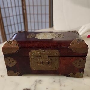 Vintage | Jade Inlay Rosewood Brass Accents Silk Lining Jewerly Box RARE